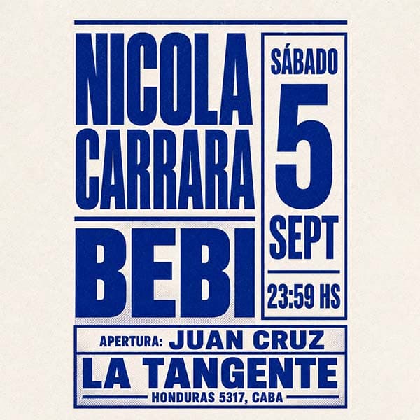 Flyer de Nicola Carrara, Bebi, Juan Cruz